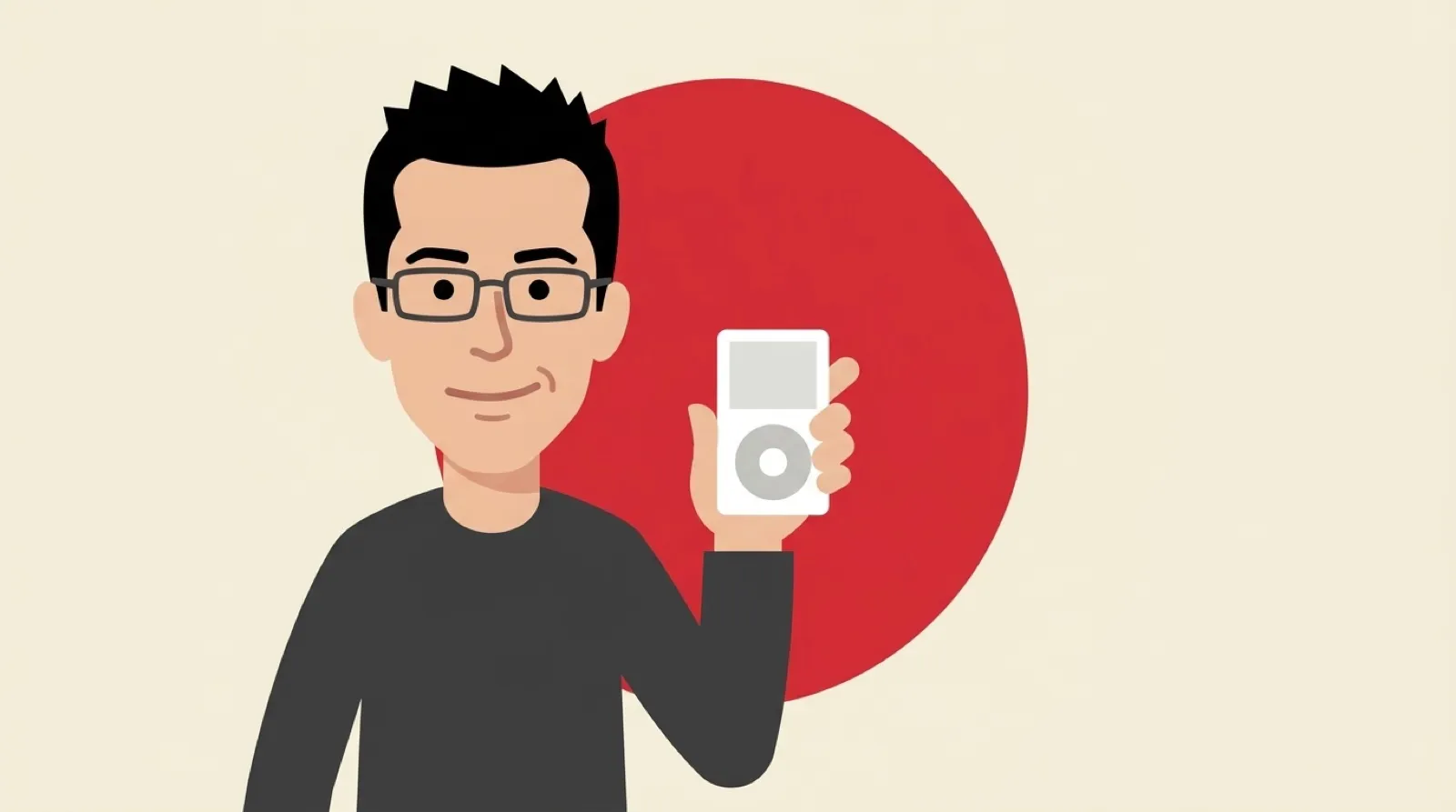 Chris Pirillo holds up a plain white music player with a click wheel, thumb on the wheel