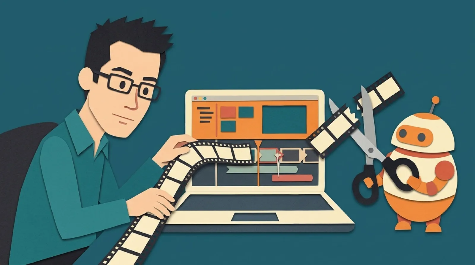 Chris Pirillo at a desk sliding strips of film into a laptop timeline while a small friendly robot holds scissors over the clips