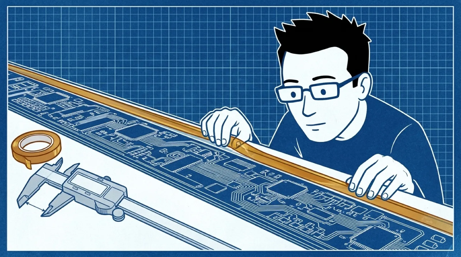 Chris Pirillo, drawn as a blueprint cyanotype, presses a strip of tape along a long sensor board beside an opened digital caliper with a blank display.