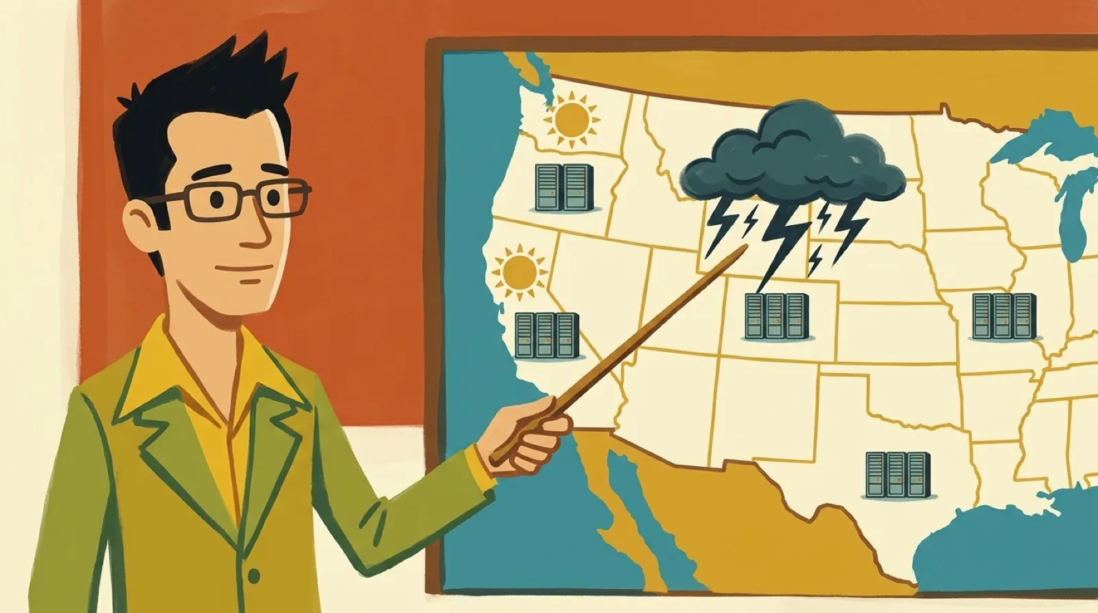 Gouache illustration of Chris Pirillo as a 1970s TV weatherman pointing at a map board where storm clouds and lightning hang over tiny server racks.