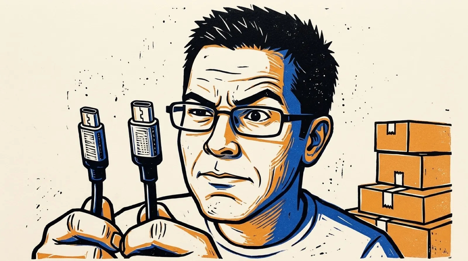 Chris Pirillo squints at two identical USB-C cable plugs held up side by side in front of a stack of shipping boxes